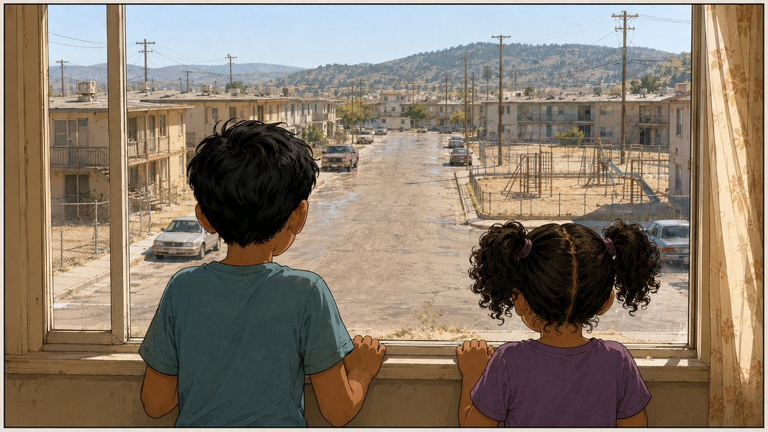 Comic panel: seen from inside the apartment, Andre and Lily stand at a second-floor window looking out on an empty block of asphalt, chain-link fences and bare metal playground equipment, with almost no trees and heat shimmer rising off the pavement.