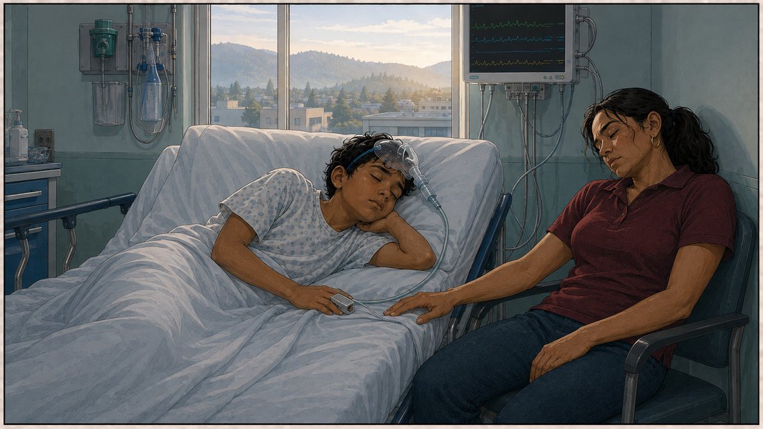 Comic panel: the same treatment bay in early morning, Andre asleep on his side with the mask pushed up onto his forehead, Rosa asleep in the chair with her hand near his, and a wide window showing pale clear light with hills coming back into view.