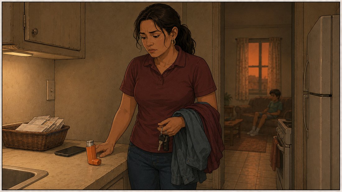 Comic panel: Rosa stands in the narrow kitchen in her work polo with a second work shirt over her arm and keys on one finger, stopped mid-motion, looking down at an empty orange controller inhaler on the counter.