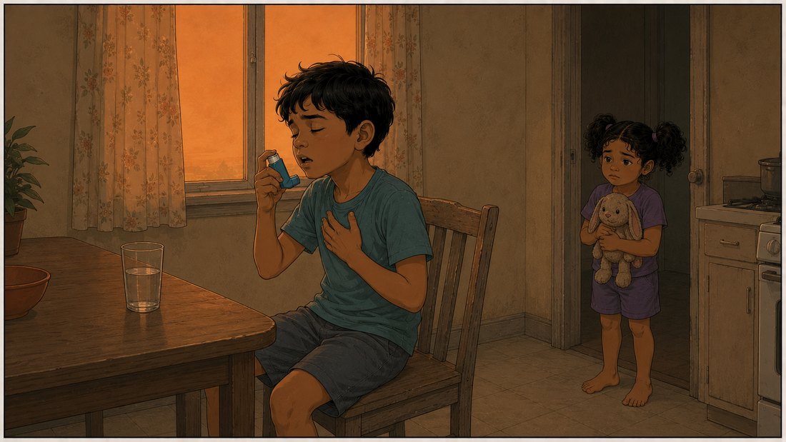 Comic panel: in the kitchen with the windows shut and orange light pressing at the glass, Andre leans forward on a chair with one hand on his chest, a blue rescue inhaler halfway to his mouth, while Lily watches from the doorway.