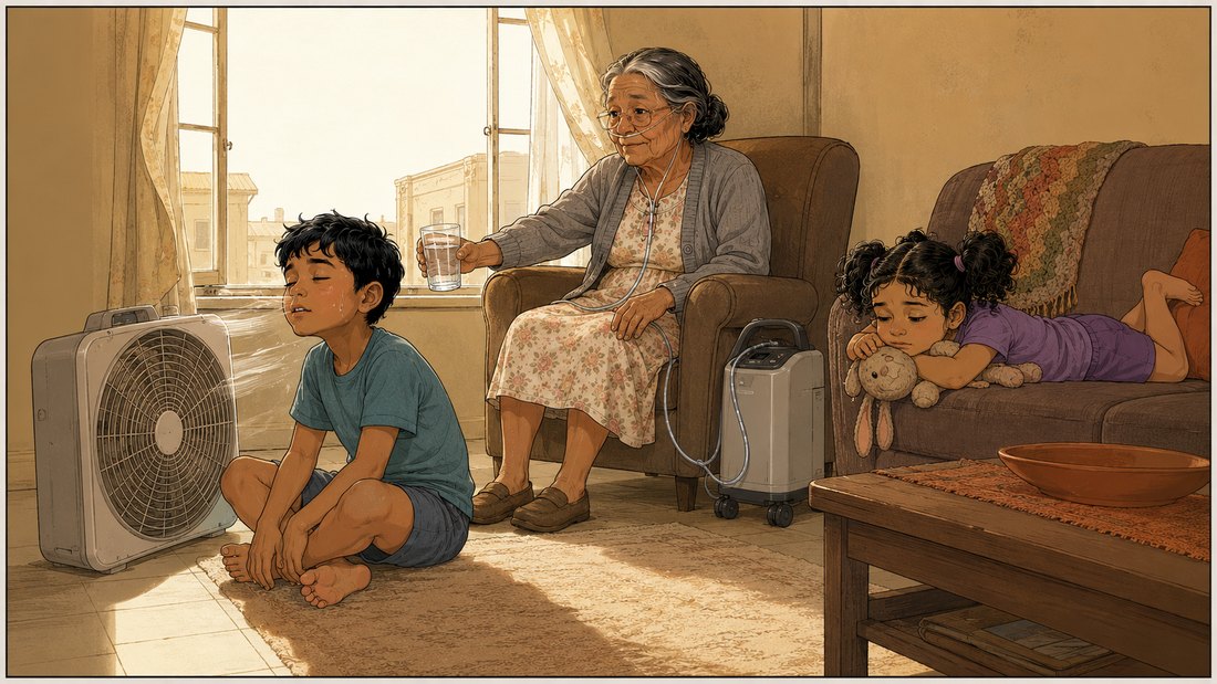Comic panel: on a blazing morning, Andre sits slumped on the floor in front of a box fan wedged in the window, while his grandmother Elena, on oxygen in the armchair beside the open window, holds out a glass of water and his little sister Lily lies flat on the couch.