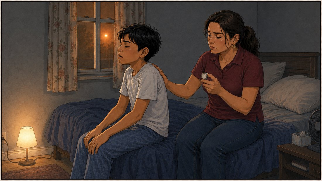 Comic panel: in a dark bedroom, Andre sits upright against stacked pillows with his hands braced on his knees and his shoulders lifted, concentrating on breathing, while Rosa sits on the edge of the bed with one hand on his back and a wristwatch in the other, counting.