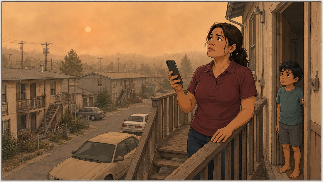 Comic panel: Rosa stands at the railing of the exterior stair landing outside the apartment, a phone forgotten in her hand, staring at an orange-brown sky with the sun reduced to a small coppery disc, ash settling on the railing.