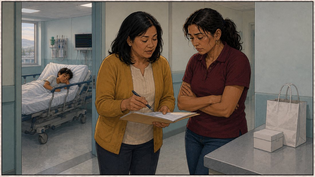 Comic panel: in a quiet hospital corridor, a social worker in a mustard cardigan holds an open folder and points to a page with a pen while Rosa leans in with her arms folded, and Andre sleeps through the doorway behind them.