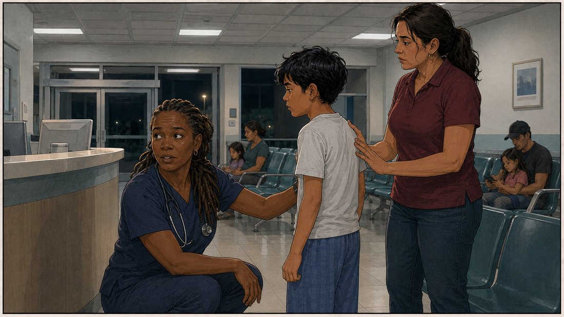 Comic panel: in the bright waiting area of a children's emergency department, a triage nurse in navy scrubs crouches to Andre's eye level with a hand on his shoulder, already turning to call toward the doors, while Rosa stands close behind him.
