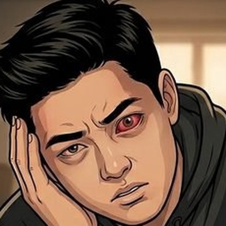 Jordan Chen, his left eye red and inflamed