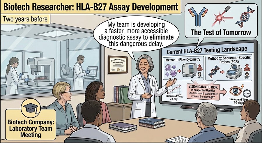 Comic panel: two years earlier, the biotech researcher presents an HLA-B27 assay-development plan to her lab team in a conference room.