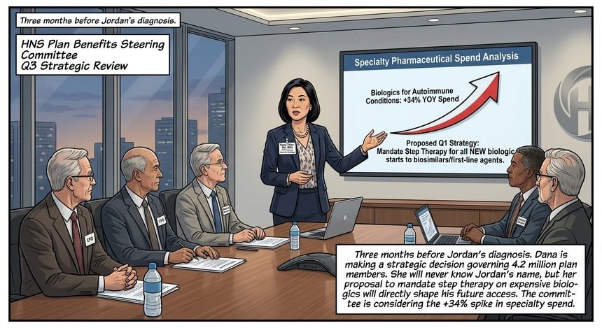 Comic panel: Dana, an insurance executive, presents a coverage-policy analysis to a steering committee in a boardroom.