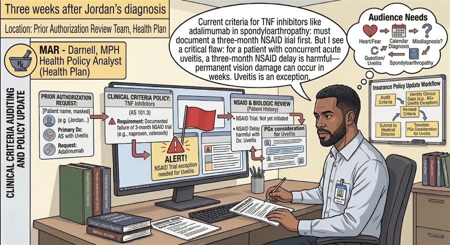 Comic panel: at a health plan, the policy analyst audits the TNF-inhibitor prior-authorization criteria on screen and flags the NSAID-trial requirement that acute uveitis cannot wait out.