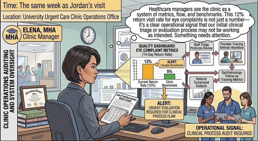Comic panel: Denise, the healthcare manager, reviews clinic operations dashboards and quality metrics in an administrative office.