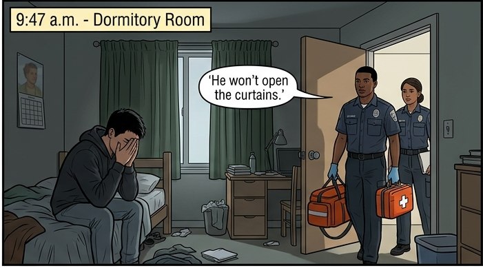 Comic panel: Jordan sits on his dorm bed shielding his eyes in the dark while two EMTs arrive at the door.