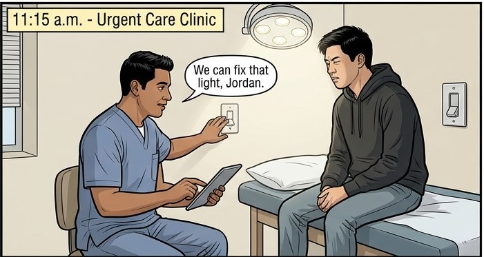 Comic panel: in an exam room, the medical assistant dims the lights for Jordan, who sits on the table with his eyes lowered.