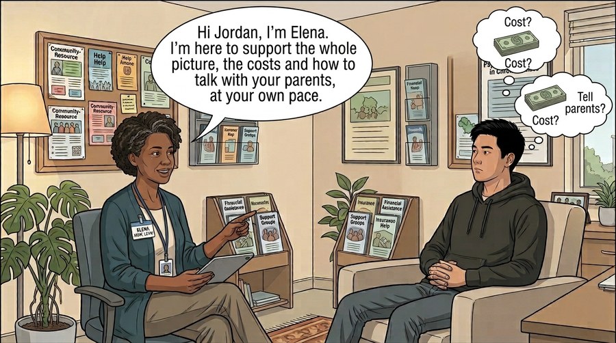Comic panel: the social worker sits with Jordan in her office, tablet in hand, while his thought bubbles show medical bills and whether to tell his parents.