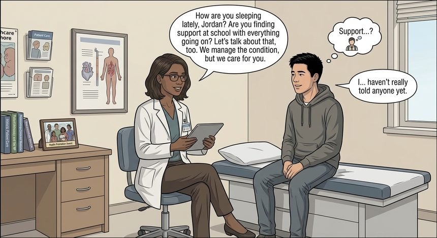 Comic panel: Jenna, the nurse practitioner, sits with Jordan in a follow-up visit, asking how he is really doing.