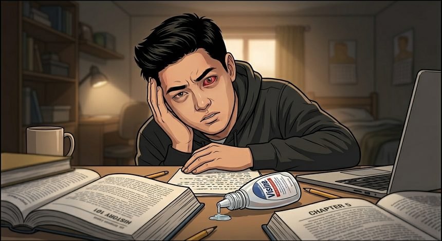 Late at night, Jordan studies at his dorm desk, one hand at his temple; his left eye is red and inflamed, a bottle of Visine open on the books.