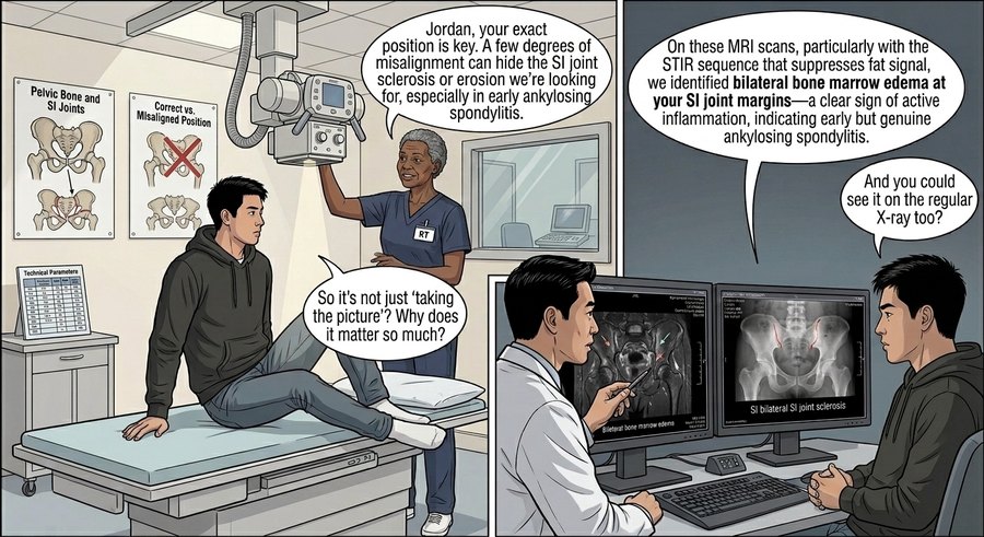 Comic panel: the radiologic technologist positions Jordan on the X-ray table, and in the next frame a radiologist reviews his sacroiliac images on twin monitors.