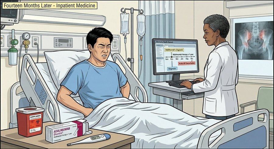 Comic panel: Jordan grimaces in a hospital bed while the hospitalist reviews his record at a bedside workstation.