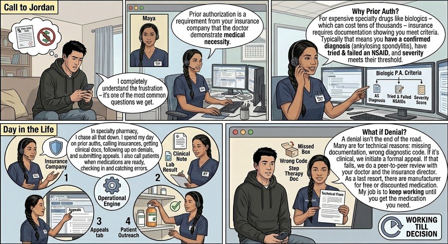 Comic strip: the specialty pharmacy technician explains prior authorization to Jordan by phone and video, works the appeals queue at her desk, and holds up the technical fixes that clear a denial.