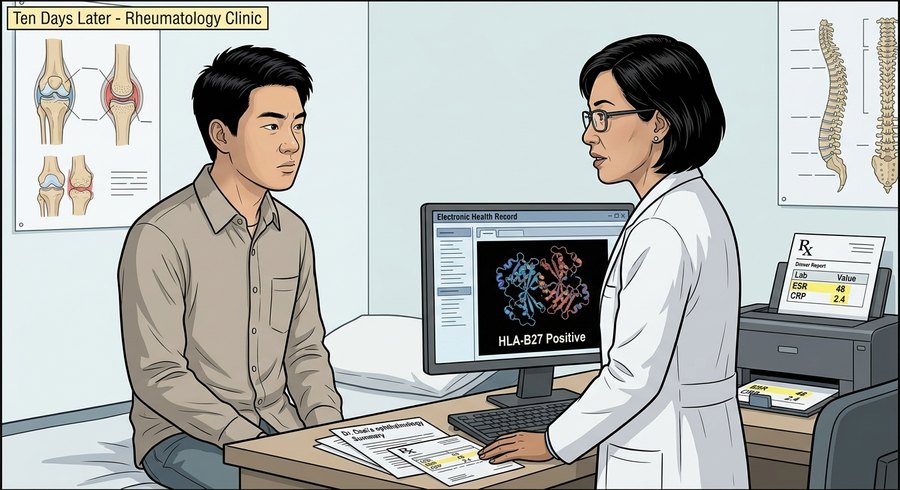 Comic panel: the rheumatologist reviews an electronic health record showing HLA-B27 positive while Jordan listens.