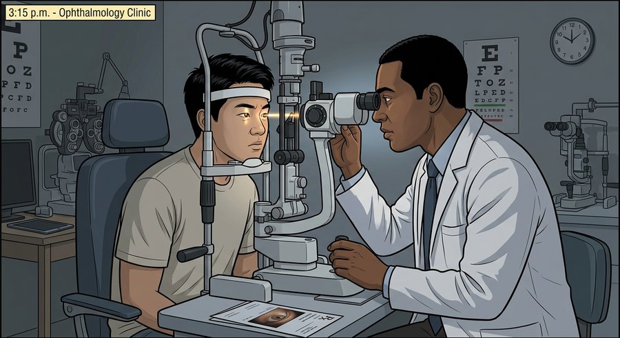 Comic panel: Jordan at the slit lamp while the ophthalmologist examines his eye with a focused beam of light.