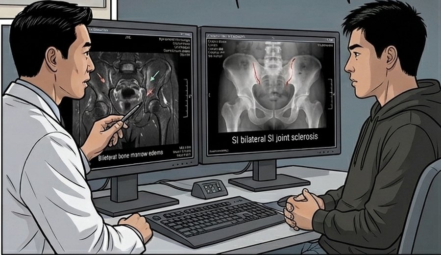 Comic panel: the radiologist points a stylus at MRI and X-ray images of Jordan&rsquo;s pelvis on twin monitors while Jordan watches.
