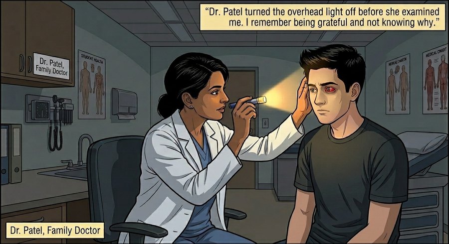 Comic panel: Dr. Patel sits across from Jordan in her exam room, tablet in hand, asking about the redness.