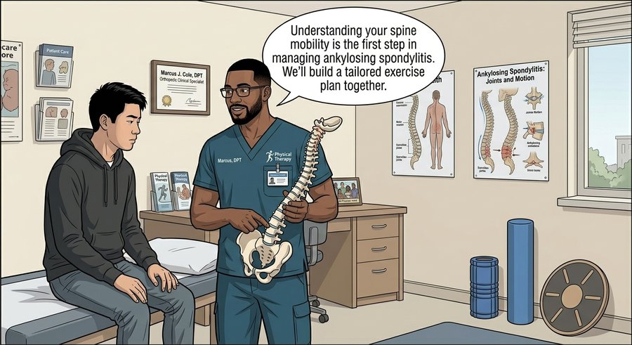 Comic panel: a physical therapist holds a model spine and pelvis while talking with Jordan in a therapy room.