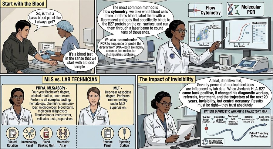 Comic strip: the medical laboratory scientist draws and runs Jordan&rsquo;s HLA-B27 test, explains flow cytometry at her analyzers, and reviews the result that will steer his care.