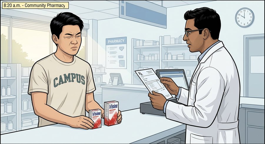 Comic panel: at the pharmacy counter, Jordan winces and holds up two boxes of Visine while the pharmacist looks over from a prescription in his hands.