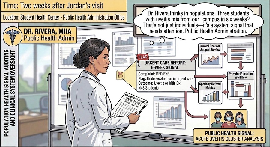 Comic panel: at the student health center, the public health administrator maps a cluster of campus uveitis cases on a whiteboard of flags, metrics, and workflows.