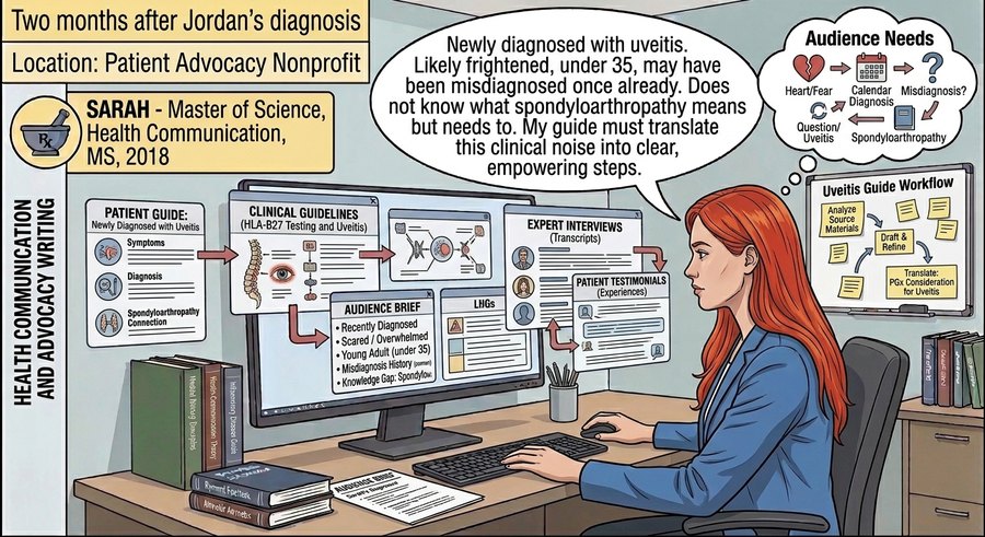 Comic panel: at a patient advocacy nonprofit, the health writer builds a plain-language uveitis guide from clinical guidelines, expert interviews, and patient testimonials.