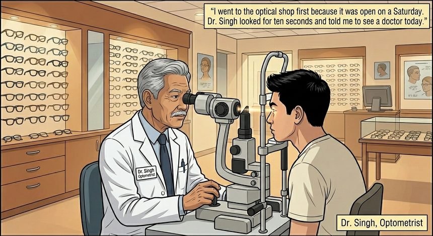 Comic panel: Dr. Singh, the optometrist, examines Jordan at a slit lamp in an optical shop lined with eyeglass displays.