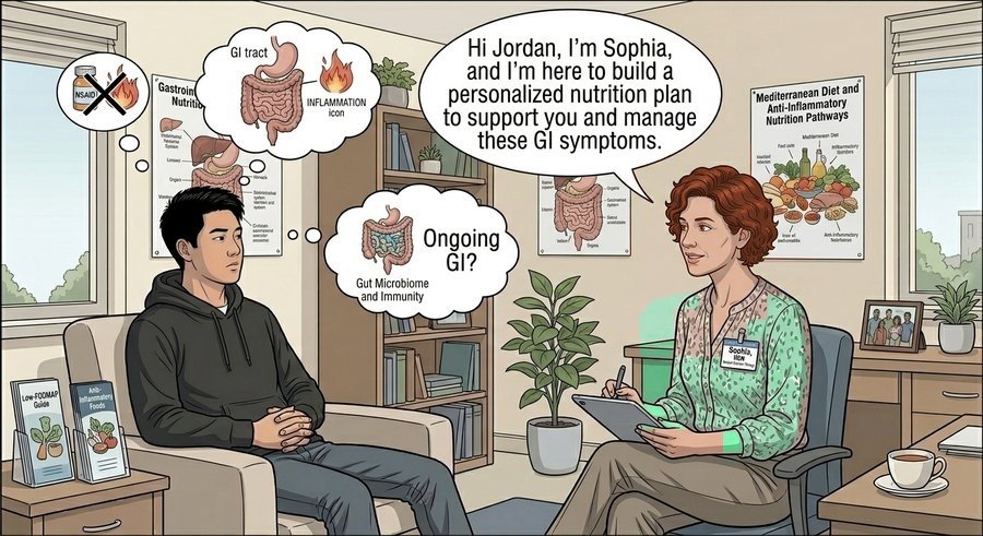 Comic panel: the dietitian meets with Jordan, low-FODMAP and anti-inflammatory brochures on the side table, while his thought bubble shows an inflamed GI tract.