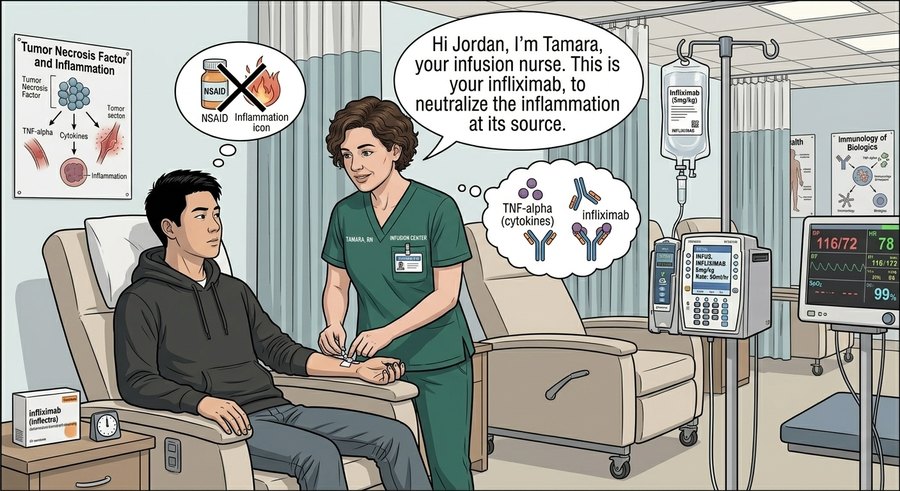 Comic panel: the infusion nurse starts Jordan&rsquo;s biologic infusion while he sits in a recliner at the infusion center.